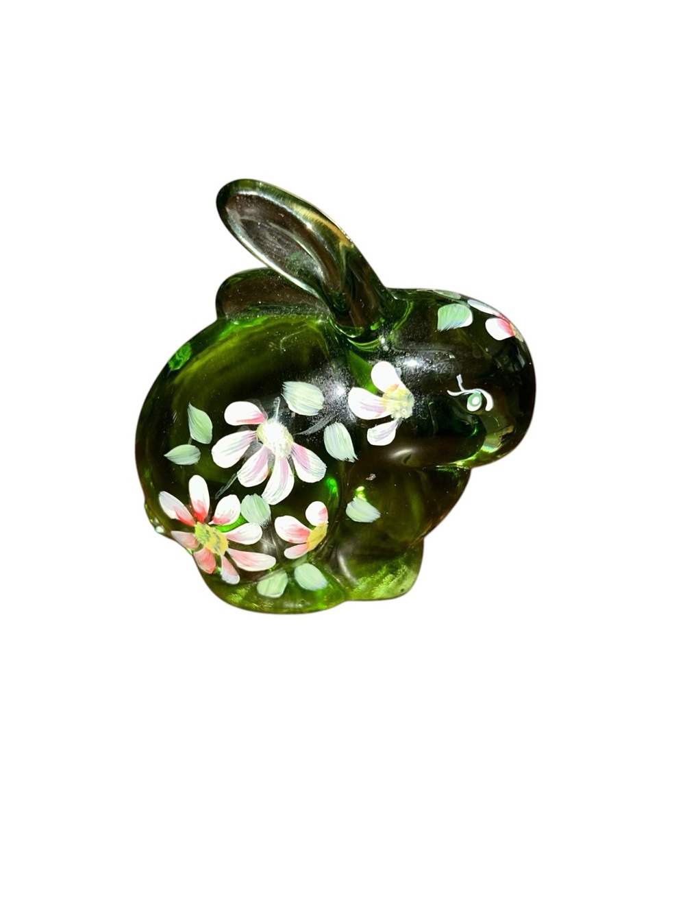 Fenton Green Glass Art Bunny‎ Rabbit Hand Painted Floral Figurine Artist Signed
